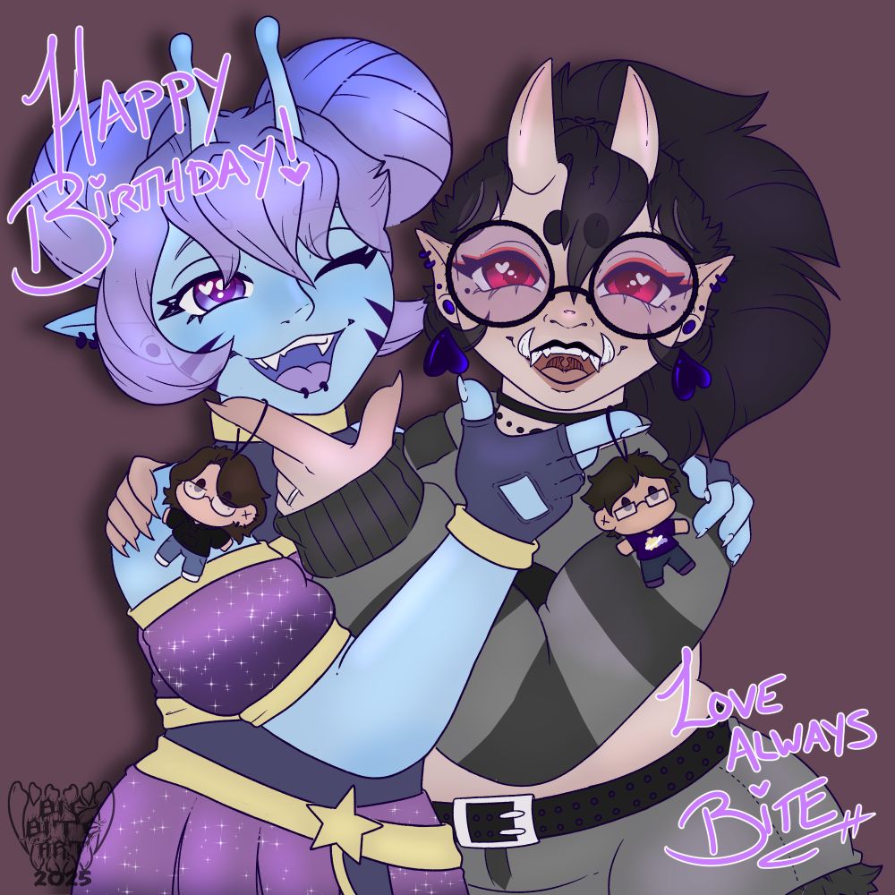 Piece of Nullal the Alien and Bite the Oni holding dolls of their human counterparts. Text reads Happy Birthday! Love always, Bite