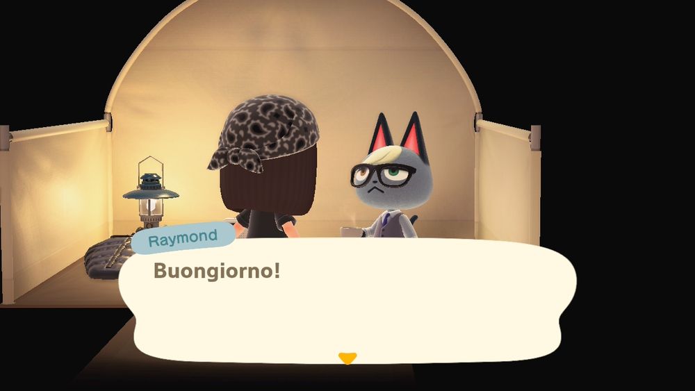 Raymond from Animal Crossing saying "buongiorno!" from the campsite