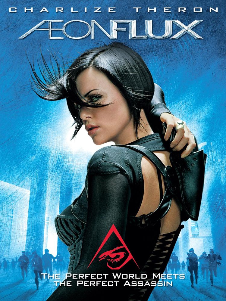 Locandina del film "Æon Flux":
Sullo sfondo di una struttura illuminata corrono alcune persone; in primo piano la protagonista, guarda verso lo spettatore mentre si sfila un'arma dalla fondina sulla schiena.
Didascalia:  "The perfect world meets the perfect assassin".