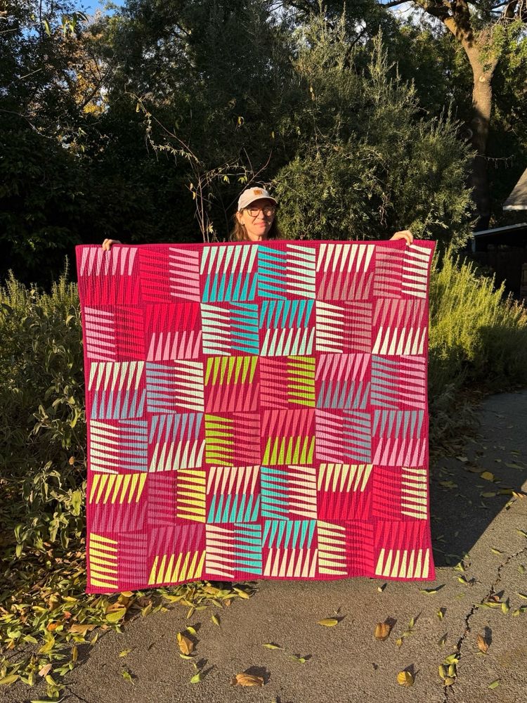 A quilt of blocks made up of wedges of various colors, which create an overall pattern of four petal inflorescences.