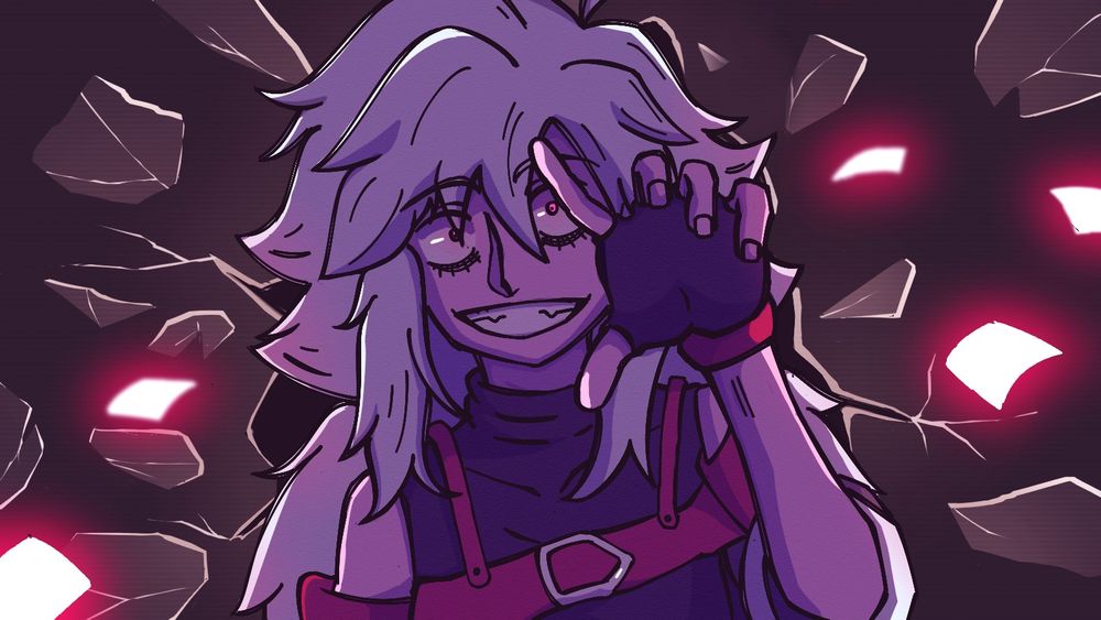Same Anime Woman holding her hand toward you, as if to grab you while having the biggest grin on her face but this time in a different design, better hair silhouette and with glowing cards around her as well as shattering glasses behind her