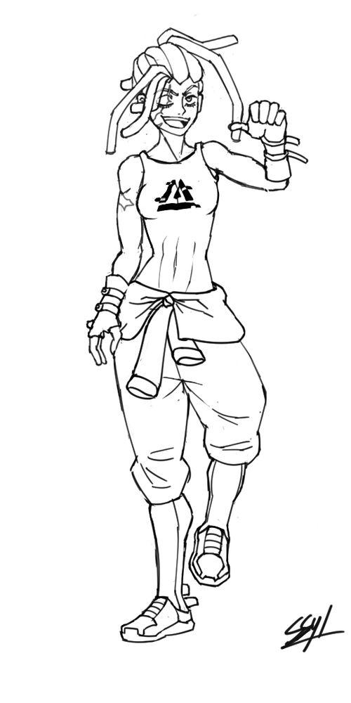standing woman giving herself the thumb up, she's wearing a modern outfit with a symbol on her chest
