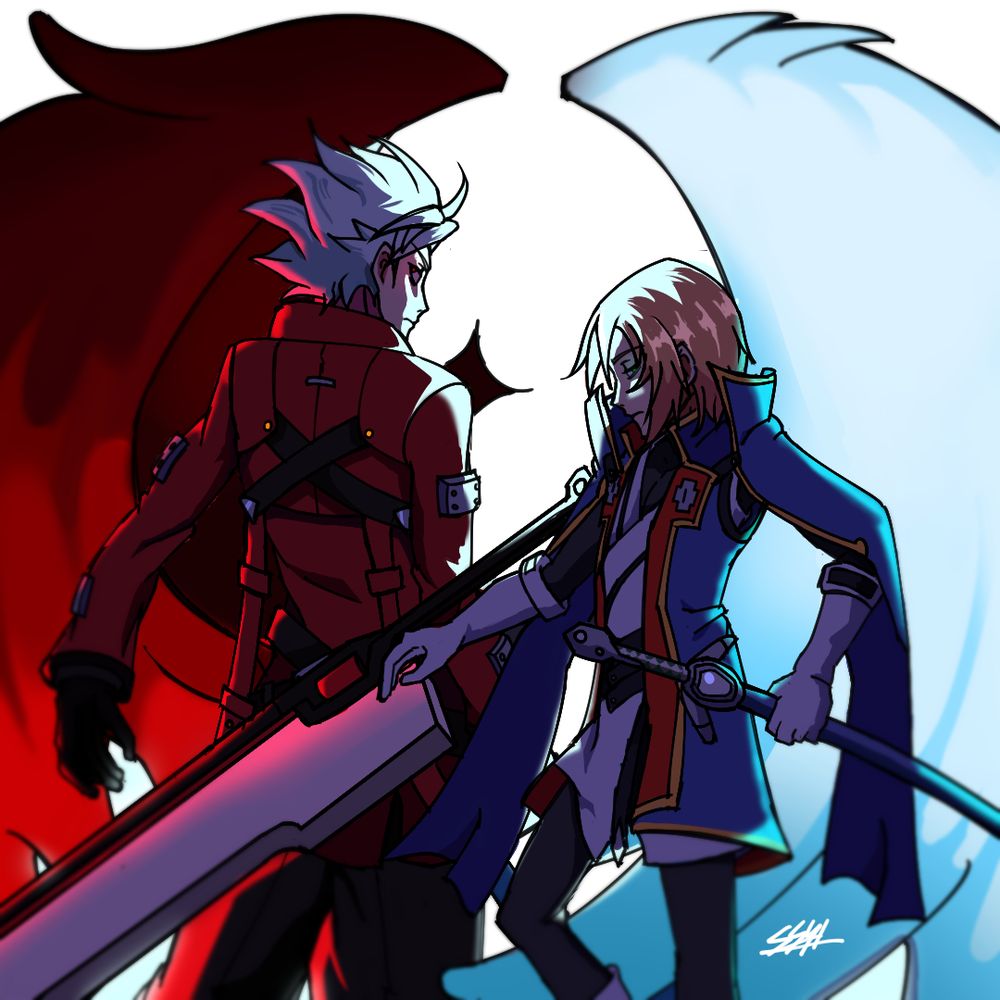 Fan art illustration of Ragna the Bloodedge and Jin Kisaragi from the BlazBlue series. Ragna stands on the left in his red coat with his large sword resting on his back, while Jin stands on the right in his blue uniform, calmly holding his katana. The two characters are posed back-to-back, looking at each other with serious expressions. Stylized red and blue energy wings rise behind them, highlighting their contrasting auras without suggesting conflict. The scene evokes a sense of tension and connection rather than direct confrontation.