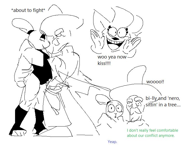 Billy Basher and Sr. Habanero are ready to throw hands but Patty's juvenile interjection diffuses the situation