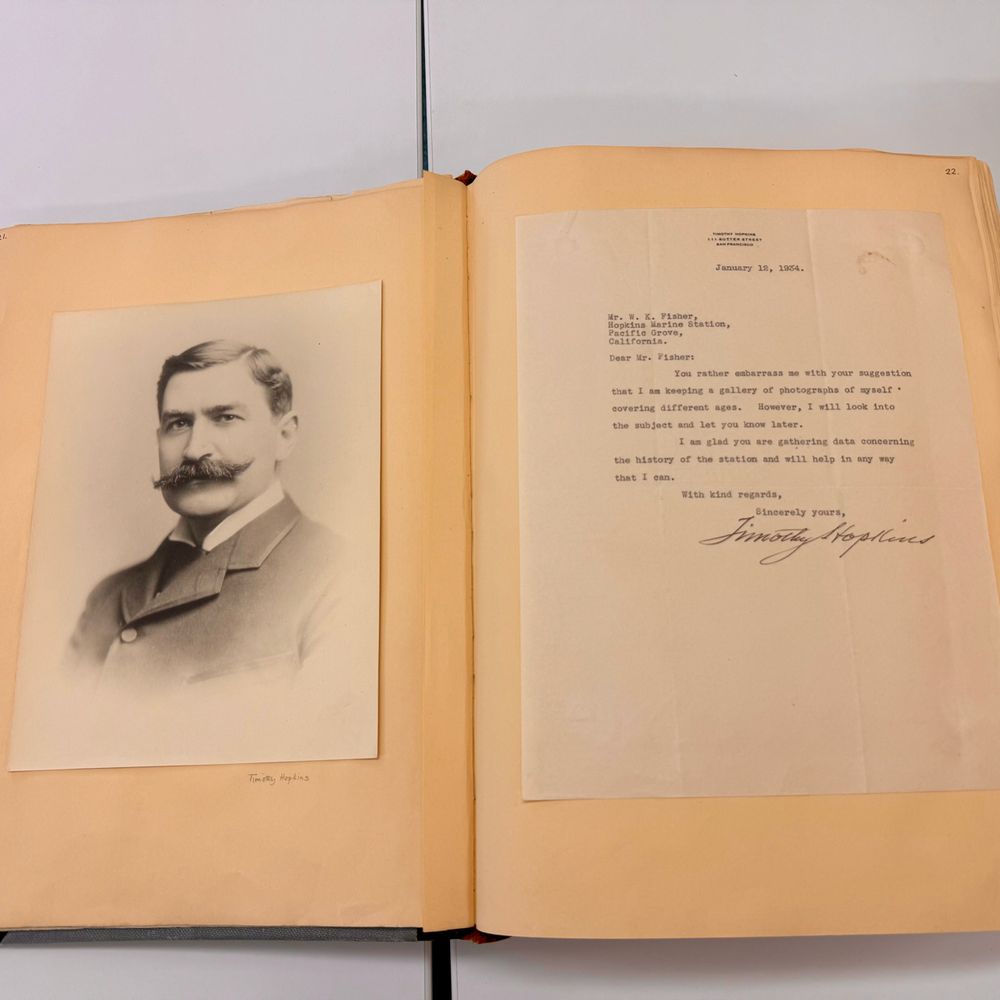 A look inside the oldest album. There is a photo of Timothy Hopkins, who donated money to build the marine station, and a letter from Hopkins to the director of the marine station at that time (1934), Walter K. Fisher.  