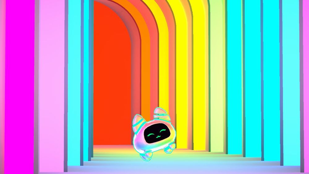 A pastel rainbow Robot Cat dancing in a rainbow colored hallway with bright and vibrant lights