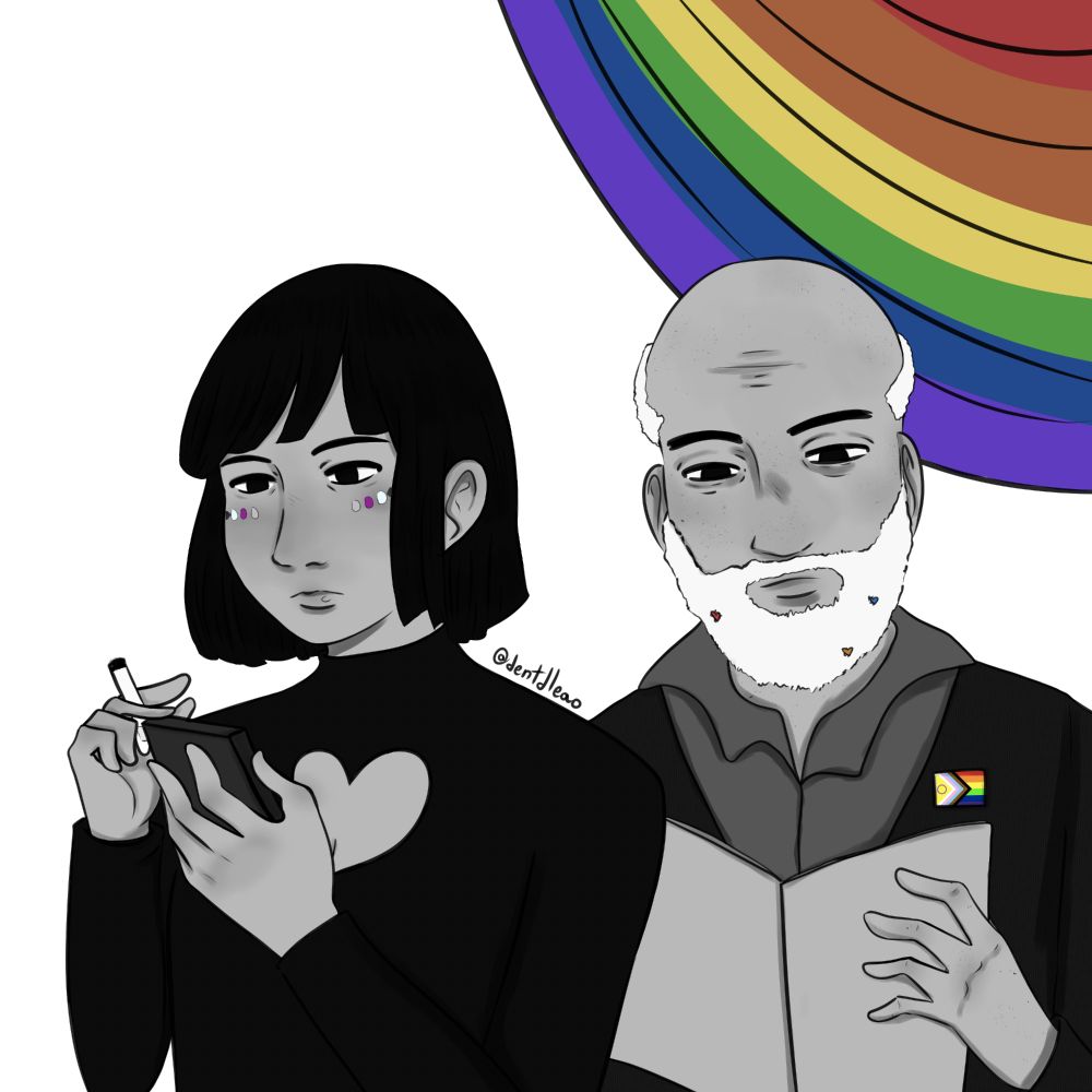Ilustração de dois personagens, tio-avô e sobrinha neta, em que o homem está lendo um folheto e a mulher está olhando o celular e segurando um cigarro. O homem é idoso, com rugas, barba grande e branca, e calvo, e veste uma bandeirinha LGBT. A mulher tem cabelos curtos e escuros, e tem a pintura das cores da bandeira demissexual no rosto. Uma bandeira gay está atrás deles.