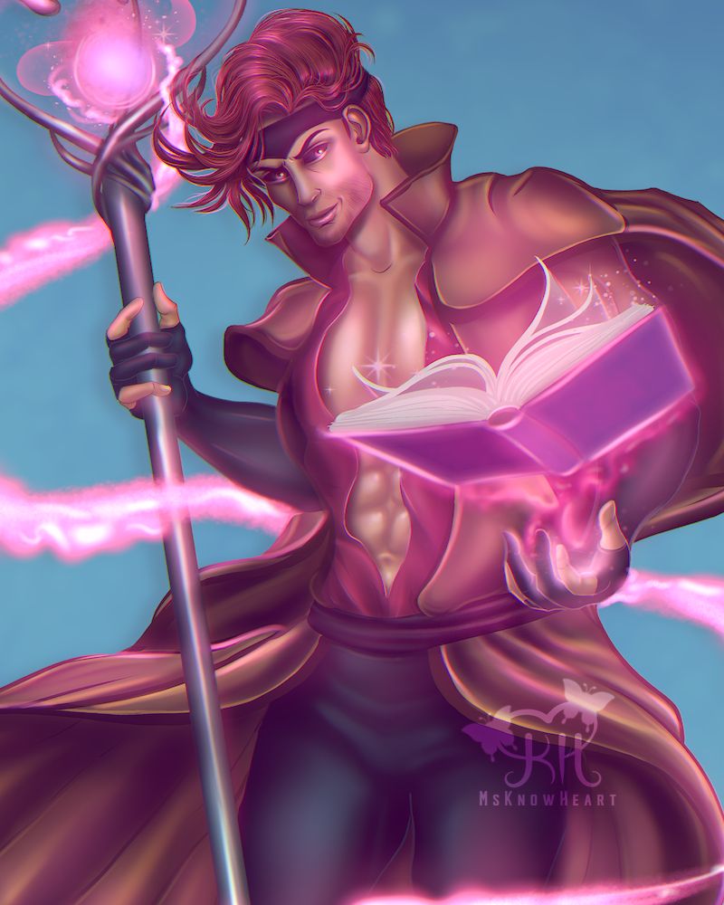 Artwork of Gambit as a wizard, holding a staff emitting bright pink energy in one hand and floating a book with the same bright pink energy in the other hand. 