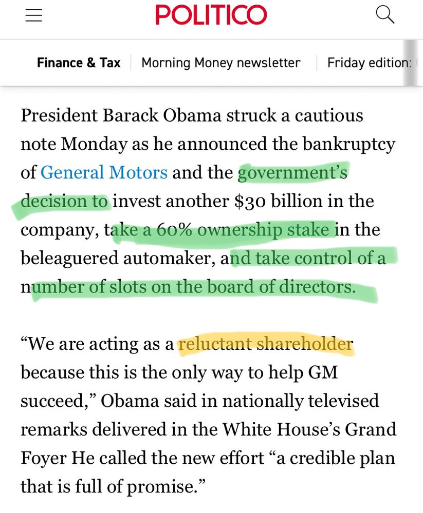 Screenshot of a Politico article from 2008. President Barack Obama struck a cautious note Monday as he announced the bankruptcy of General Motors and the government's decision to invest another $30 billion in the company, take a 60% ownership stake in the beleaguered automaker, and take control of a number of slots on the board of directors. 