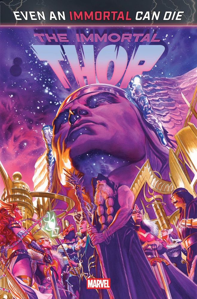 The cover to Immortal Thor #25. The leg of the R in Thor is obfuscated by Thor's helmet, making it look like "Thop".