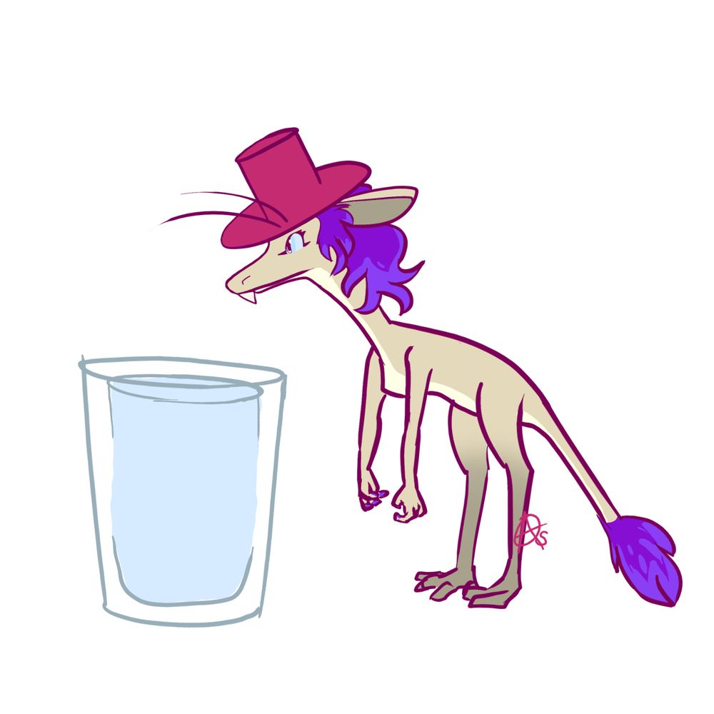Looking a bit like one of those drinking birds that tips over and rights itself, a yinglet with purple hair and a tail brush wears a reddish hat and stands next to a glass of water.