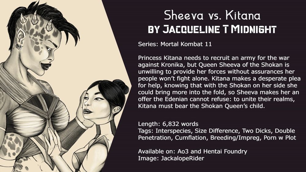 Sheeva and Kitana of Mortal Kombat 11; story tags: interspecies, size difference, two dicks, double penetration, cumflation, breeding and impregnation, porn with plot