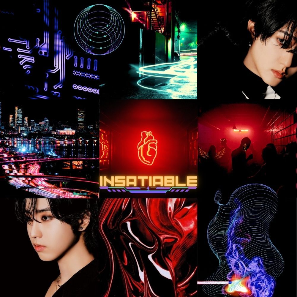 3x3 moodboard for Insatiable with neon and tech elements along with photos of Changbin and Jisung