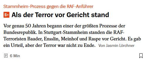 Stammheim-Prozess gegen die RAF-Anführer
Als der Terror vor Gericht stand
Vor genau 50 Jahren begann einer der größten Prozesse der Bundesrepublik. In Stuttgart-Stammheim standen die RAF-Terroristen Baader, Ensslin, Meinhof und Raspe vor Gericht. Es gab ein Urteil, aber der Terror war nicht zu Ende. Von Jasmin Lörchner
6 Min
Zur Merkliste hinzufügen
