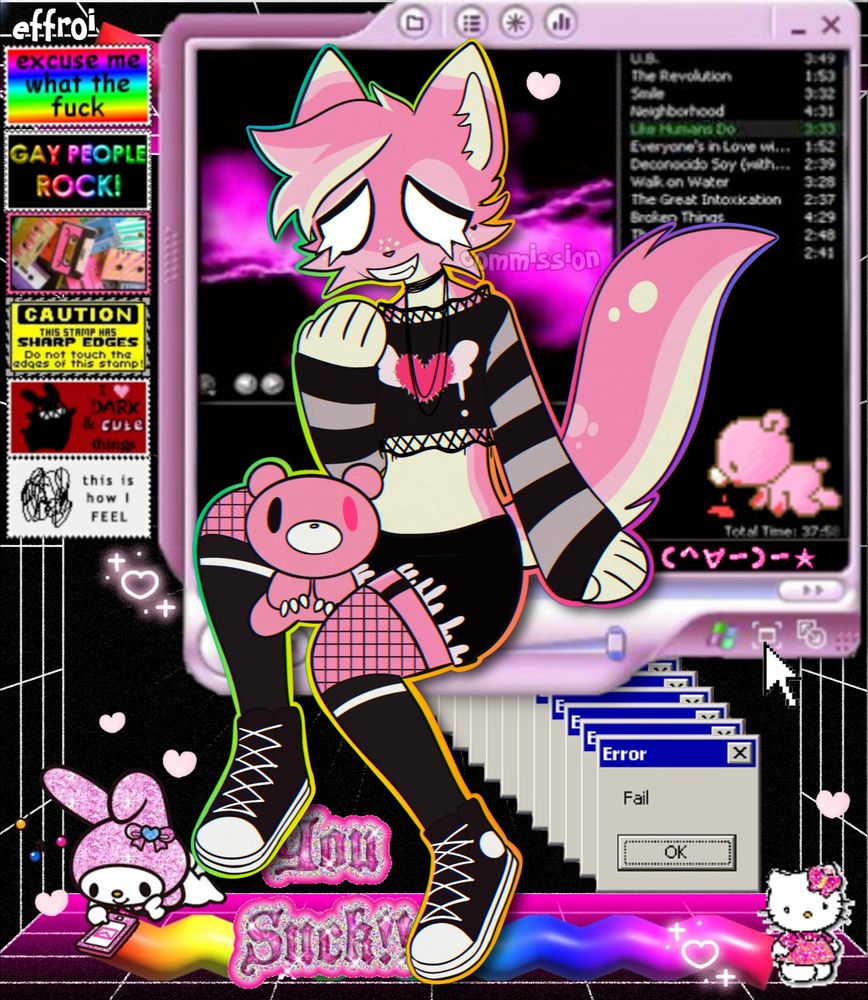 Art post. Pink cat fursona sitting laughing. Surrounded by webcore elements.