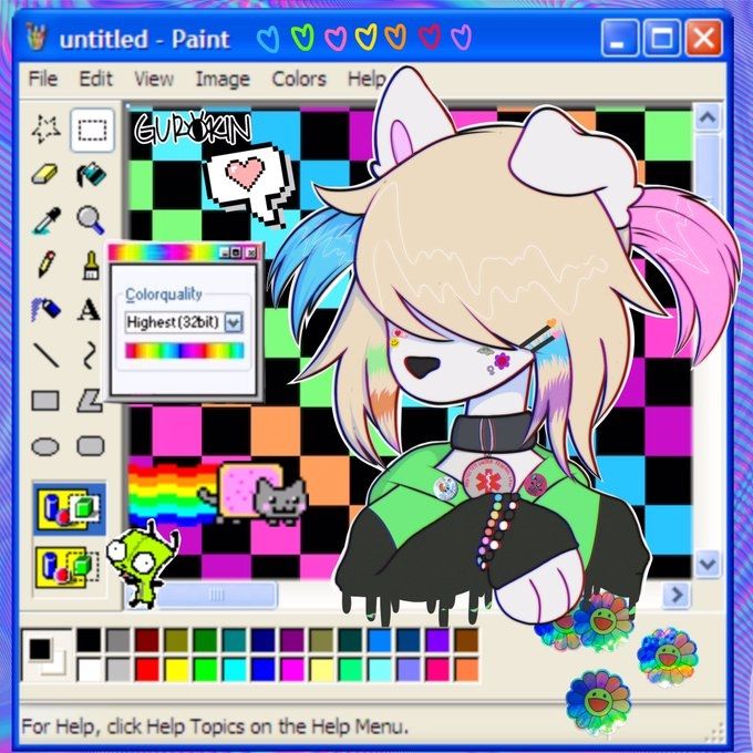 Art post of a white dog furry with blonde, blue, and pink hair, with rainbow accents in sidetails. Background is a screenshot of MS paint, surrounded by nostalgic webcore elements like Gir from Invader Zim and nyan cat.