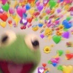 A blurry meme of Kermit the Frog. He is placed in the lower left corner and surrounded by all kinds of positive emojis going out from him like rays of sun. 