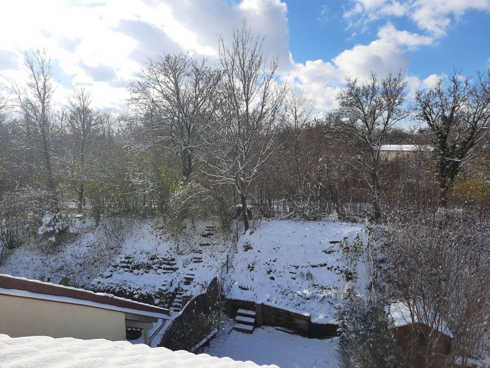 A landscape picture of a back garden covered in snow.
In the foreground, the roof is visible, covered in snow. The garden itself has a hill at the back that separates it from the street behind. The trees on the hill are devoid of leaves and have snow on the branches. The earth is completely covered.
The sky is cloudy with a big patch of blue peeking out at the top right corner. 