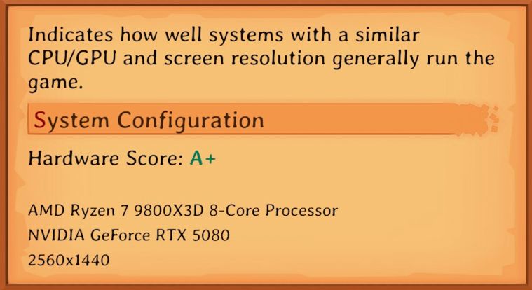 An image showing a hardware score for system performance in the game Tavern Keeper. The score is an A+ for the 9800X3d & RTX 5080.