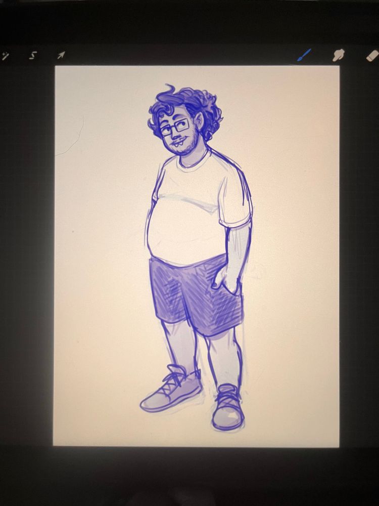 digital sketch of john egbert. he is wearing a white shirt, dark shorts, and has curly hair. he has a soft smile and looks just past the viewer.