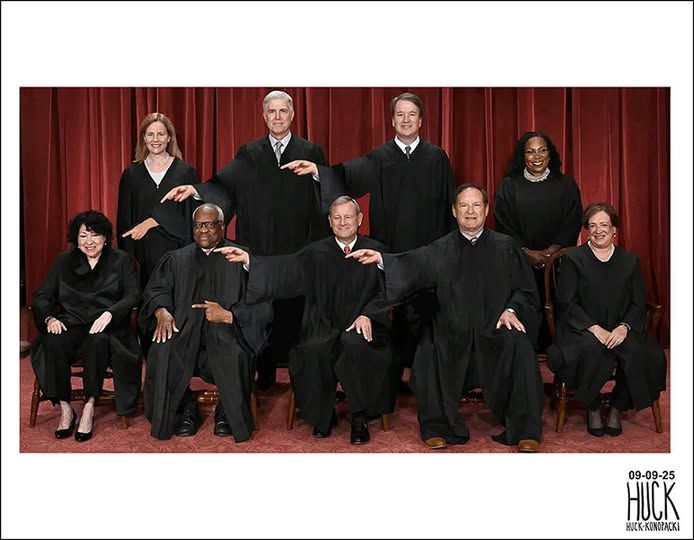 Supreme Cort photo altered to show all six fascist members pointing at Justice Sotomayor.