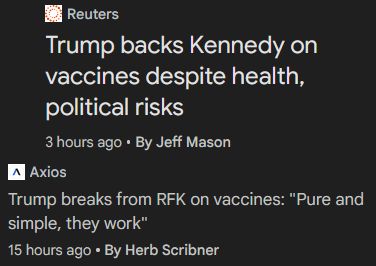 Juxtaposed headlines: from Reuters, "Trump backs Kennedy on vaccines despite health, political risks" and from Axios, "Trump breaks from RFK on vaccines: 'Pure and simple, they work'"