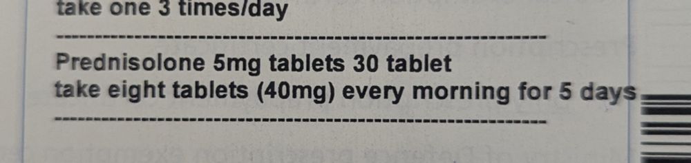Prescription reads "Prednisolone 5mg tablets 30 tablet. Take 8 tablets (40mg) every morning for 5 days"