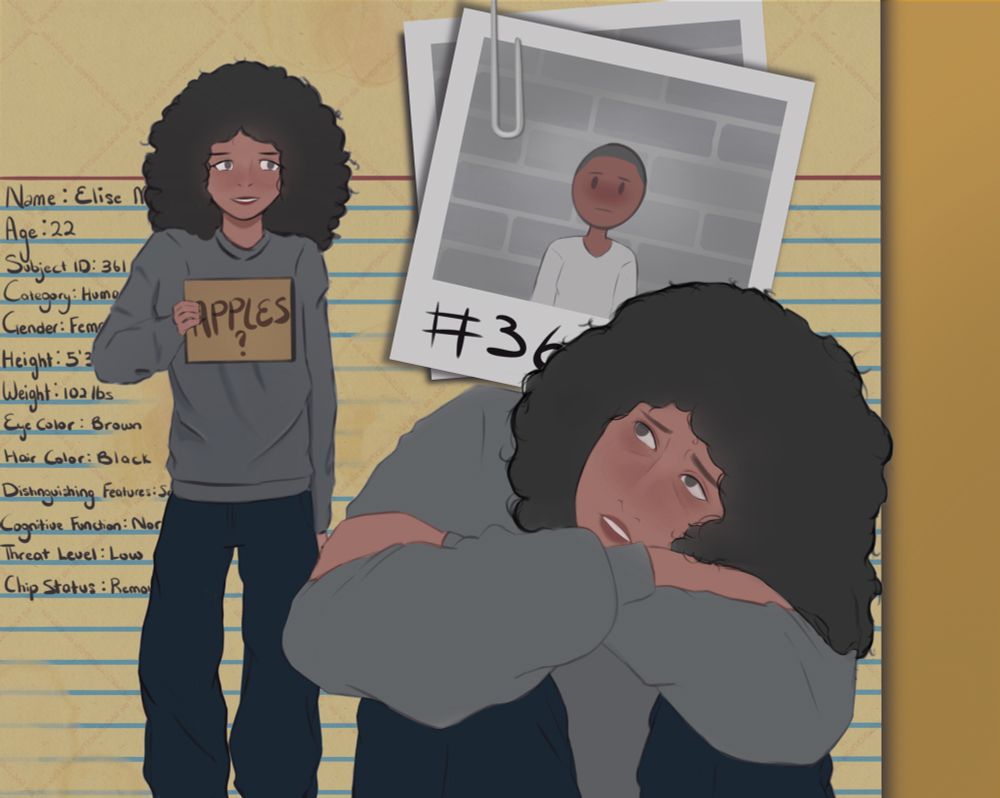 Images of a dark skinned woman with large, curly hair. She seems to be a bit awkward/reserved in stature and dons an oversized grey sweater and oversized blue pants. There is a description of her character behind as well as a clipped image of her in some white garment with a bald head.
