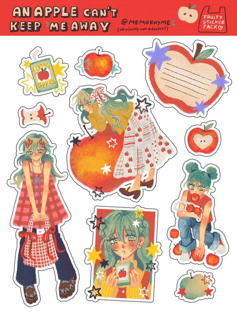 an illustrated sticker sheet. there are 10 pieces altogether. features various a girl with green hair in different poses and outfit, and red & green apples with starry decoration.