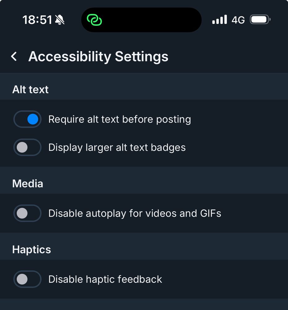 a screenshot of Bluesky’s accessibility settings with the “require alt text before posting” option toggled on. 