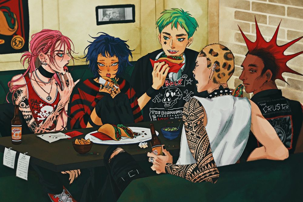 my friend’s and my OCs are sitting at the table in a restaurant with a green-ish theme. 
From left to right is Ivy, Jupiter, Gappy, Archie, and Marco. 

Ivy has dyed pink hair and it’s tied in a half up half down. She has piercing blue eyes. She’s licking a food off of her right hand. She’s wearing a red tank top. She’s also putting one of her leg up stepping in the seat. 

Jupiter has dark blue hair and silver eyes. Her mouth is slightly opened, about to bite into the taco she’s holding with both of her hands while looking towards Ivy. She’s wearing a black and red stipe oversized weather. She’s putting both of her feet on the seat. 

Gappy has dyed neon-green hair. He wears a white headphone around his neck. He has a little gap between his teeth and a little black star shaped pimple patch on his cheek. He’s holding the taco with red wrap with his right hand.

Archie has a buzz cut dyed and painted in a yellow leopard pattern. He has a tribal and mandala sleeve and neck tattoo. He’s wearing a white tank top and a black spiked collar. He’s holding a beer bottle with his left hand, his back facing to the audience.

Marco has a red mohawk and is wearing a black patched punk vest. He’s holding a taco with his right hand sitting next to Archie and is conversing with him. 

There is a plate of tacos, chips, and guacamole bowl on the table as well as some food crumbs. 