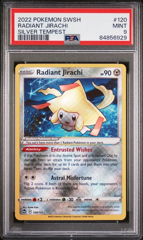 eBay
This rare Pokémon card from the 2022 Pokemon SWSH Silver Tempest set features the beloved Jirachi character in a stunning Radiant style. With a PSA 9 rating, this card is sure to impress collectors and fans alike. The card is made from high-quality card stock and has a holographic finish that c