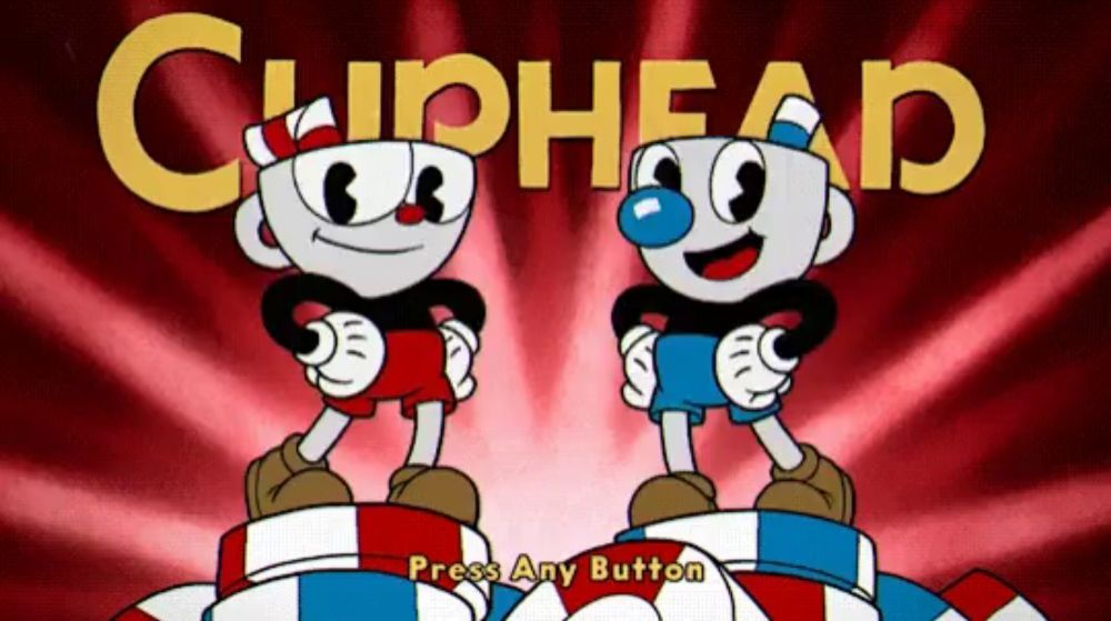 two cuphead characters standing on top of a stack of chips