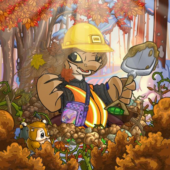 A hissi neopet with tangled hair, blowing in the wind, strewn with autumn leaf litter. It is wearing a hard hat, worn black hoodie, high visibility vest, thick trousers, and work boots. It is working on a snow laden job site in the woods, smiling as it struggles to dig a hole through hawthorn.