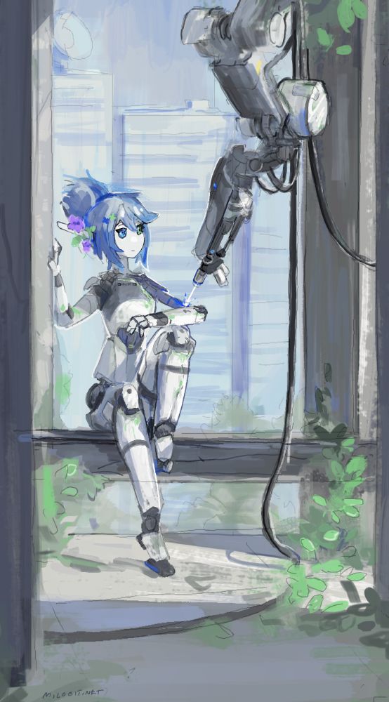 digital painting: robot girl sits on a girder in a ruined skyscraper while a welding robot suspended from the ceiling repairs her forearm