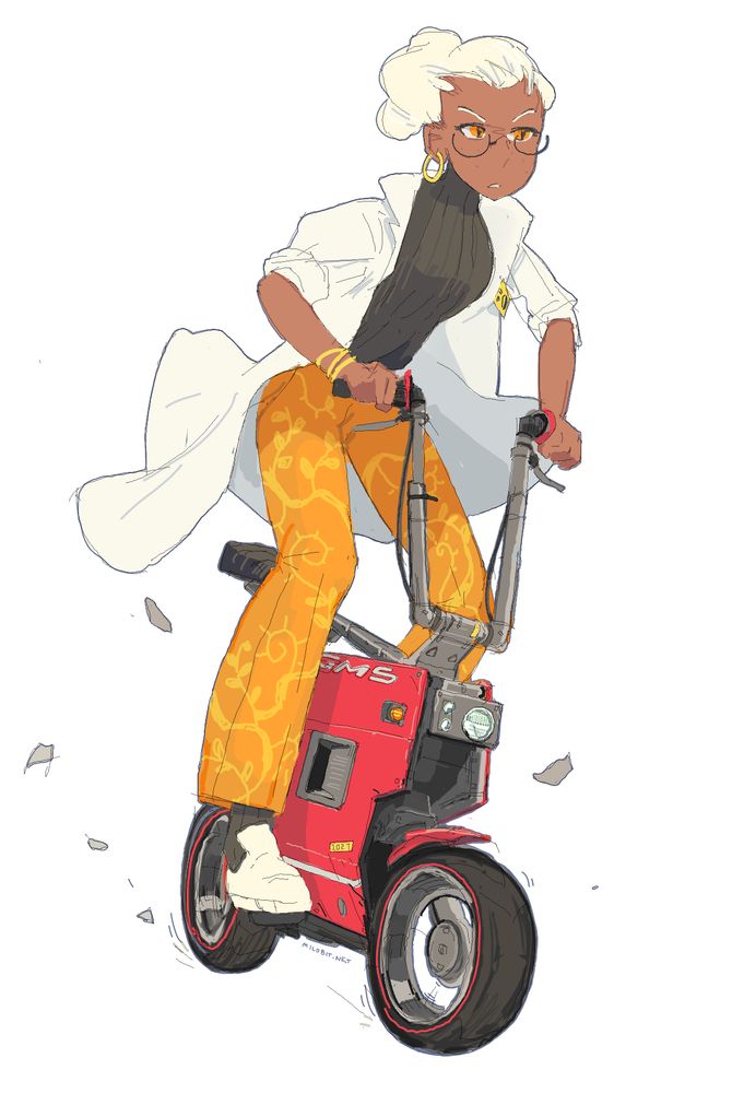 my drawing of tlarn's Lancer OC, Supervisor Tsanavesta Maunvega, riding a mini-bike designed by me