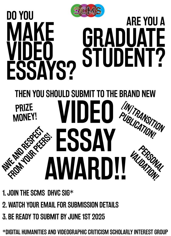 Information about the new video essays award organised by the SCMS digital humanities and videographic criticism special interest group. Join here for further info: https://www.cmstudies.org/general/custom.asp?page=groups_digital