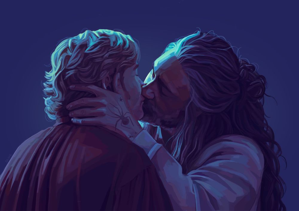 a digital painting of the ed and stede kiss scene in season 2 ep 5 of ofmd