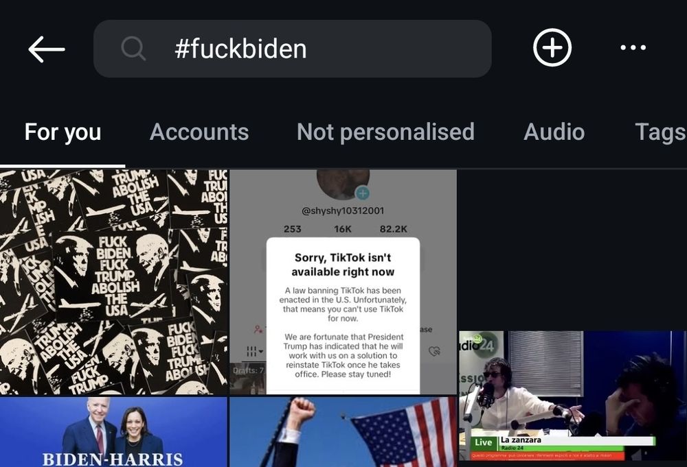 Instagram searchbar from earlier today showing the results for #fuckbide  as usual