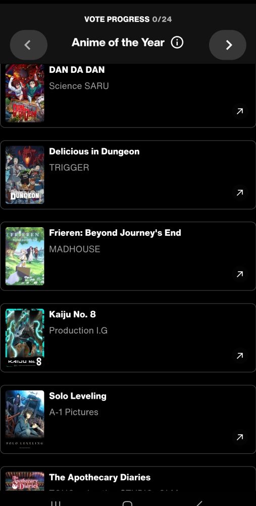 Screenshot of this year's anime nominees for Anime of the year