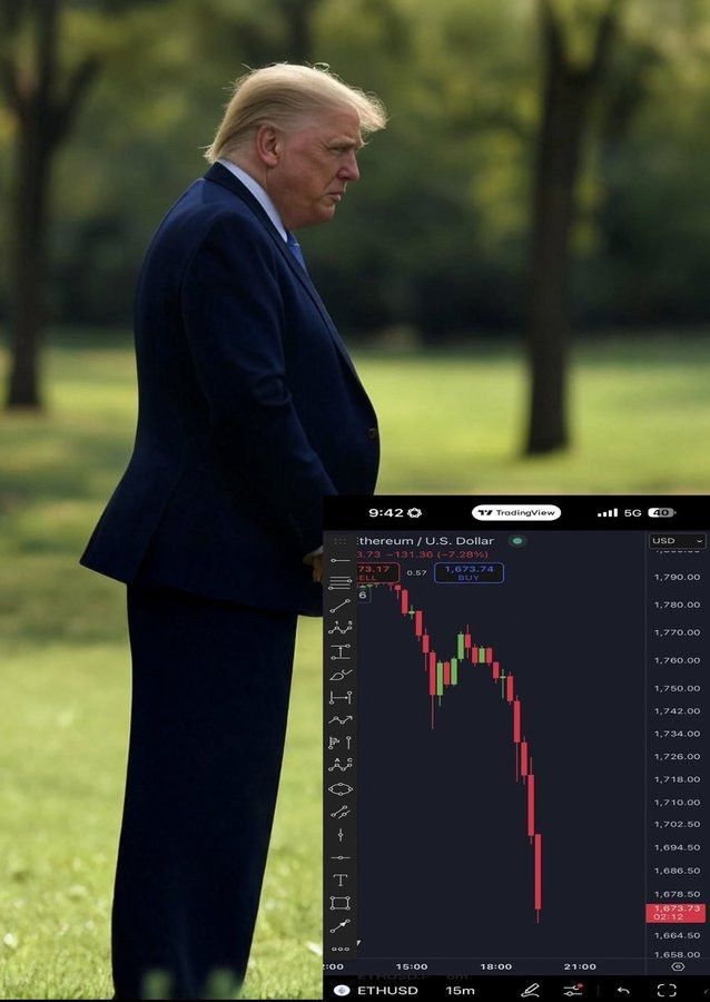 Donald Trump positioned next to a graphic of a falling stock market, to make it look like he is peeing. 