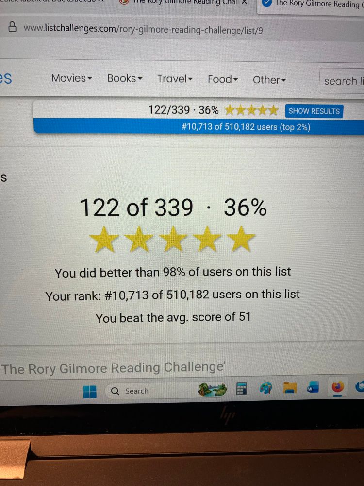 AheadByEcho hasn’t read as many cool books as Rory Gilmore has.  I’ve only read 122?of 339 which comes out to 36%.  But hey, I did better than 97% of users on this list.