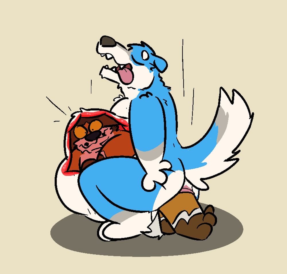 The dog is now looking pleased as he sits down even further, leaving only the fox's feet sticking out of his butthole. His belly bulges out, and there's an internal view of the fox looking surprised at his sudden predicament.