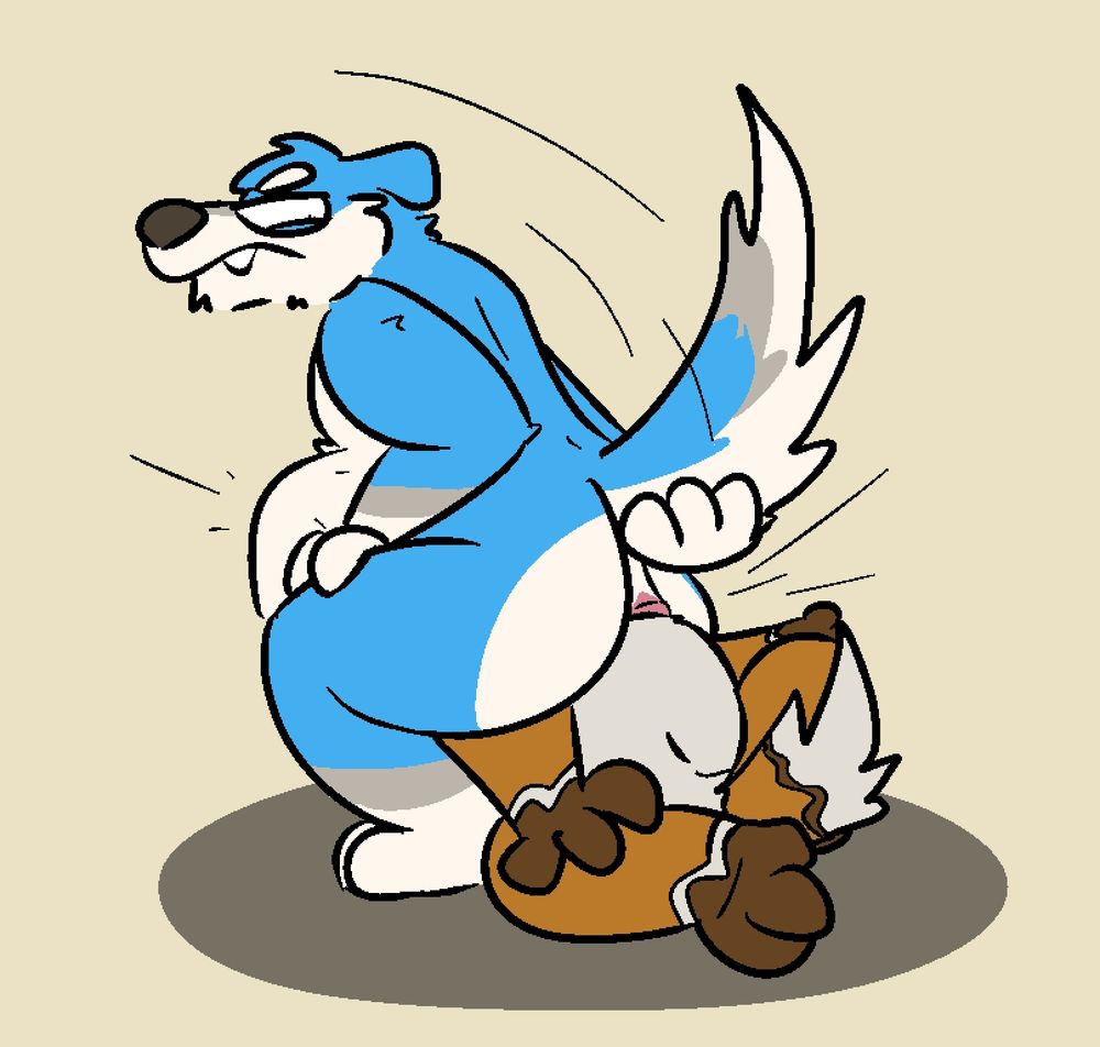 The dog is still looking annoyed as he sits down on the fox, who is now up the dog's butt, down to his chest.