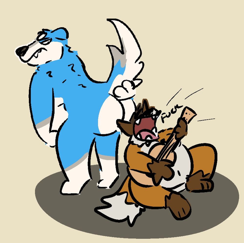 The fox is singing louder, saying "FUCK." The dog is turned around, positioning his fat butt over the fox's head and lifting his tail up to help line things up properly.