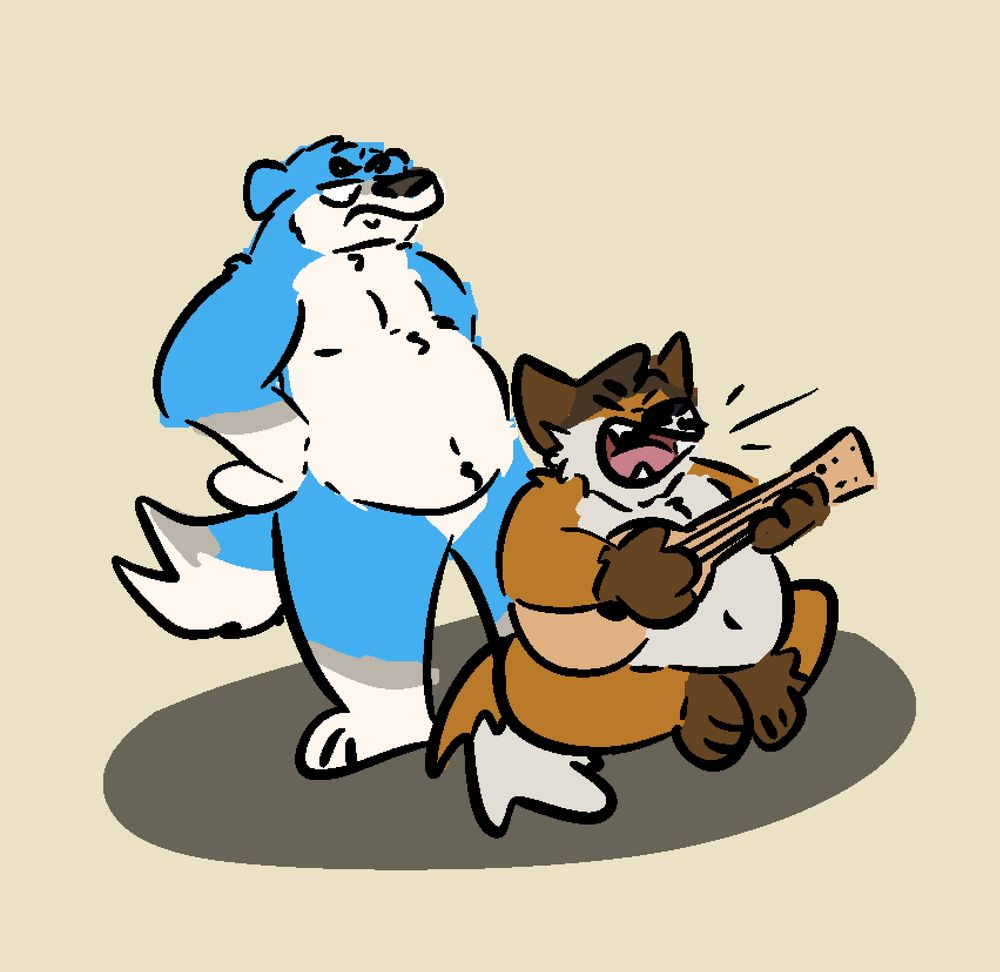 An anthro fox sitting on the ground, playing guitar and singing loudly. An anthro dog stands behind him, looking very annoyed at the fox.