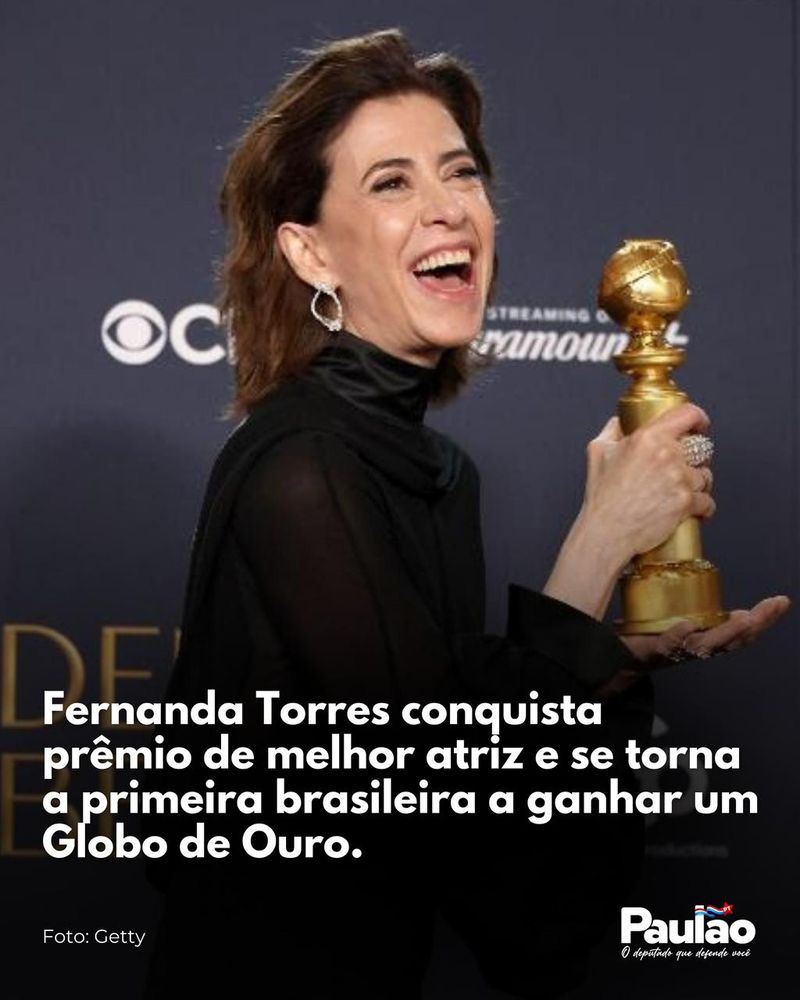 Fernanda Torres faz história no Globo de Ouro!

A consagrada atriz brasileira se tornou a primeira brasileira a vencer o prêmio de Melhor Atriz na prestigiada premiação internacional. Este feito inédito marca um momento histórico para o Brasil, reconhecendo o talento e a dedicação de Fernanda ao longo de sua brilhante carreira. 

A vitória não é apenas dela, mas de toda a arte e cultura brasileira, que, mais uma vez, brilham nos palcos e telas do mundo. Este é um marco que inspira novas gerações de artistas e reforça a importância da valorização da produção nacional. 

Parabéns, Fernanda! Seu sucesso é motivo de orgulho para o Brasil!
