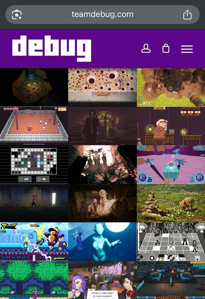 A grid of game screenshots on the Debug website