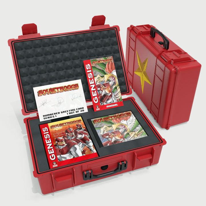 A red box with a yellow star on the side, inside is a copy of Soviet Borgs for Sega Genesis