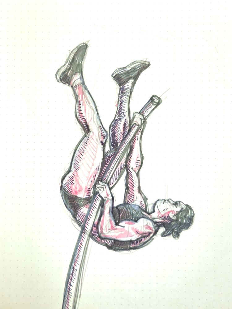A sketch in green and pink ink of a pole vaulter ascending with legs stretched upward